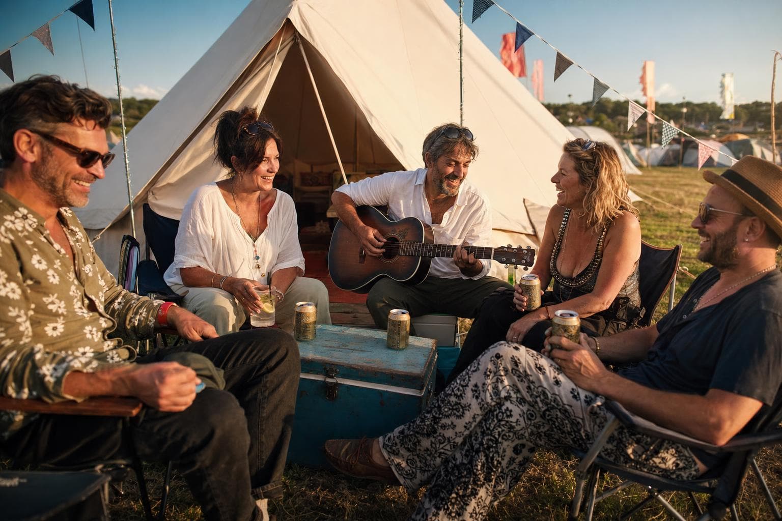 Friends with a guitar and cool box outside a bell tent at a festival in late sun