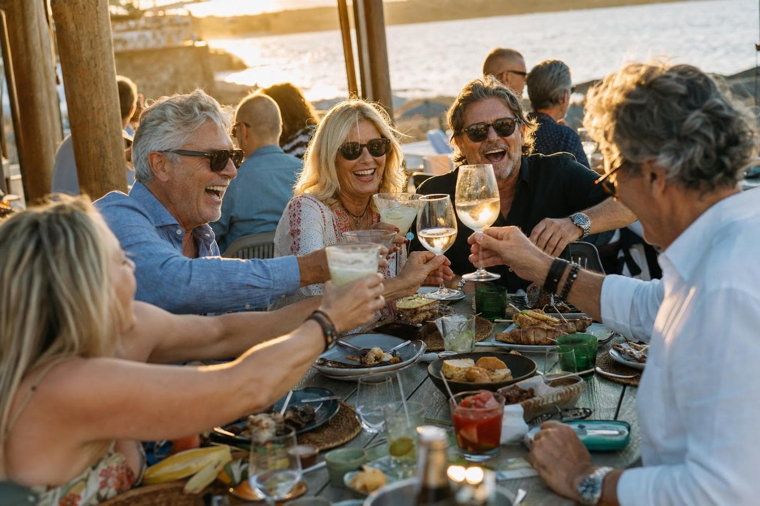 Six friends raising glasses around a long table on a beachfront terrace at sunset, laughing