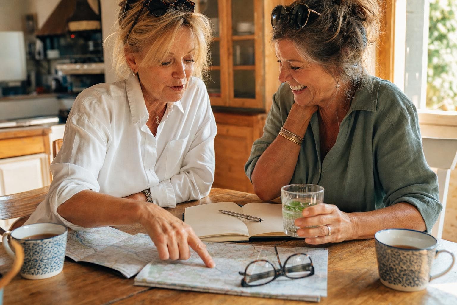 Two women at a kitchen table planning a trip over a paper map, notebook and mugs of tea